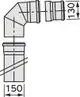 Geräteteil von Vaillant mit zwei Anschlüssen und einem 90-Grad-Winkel. Rohre sind in einem grafischen Schema dargestellt, mit klaren Maßen für die Installation.